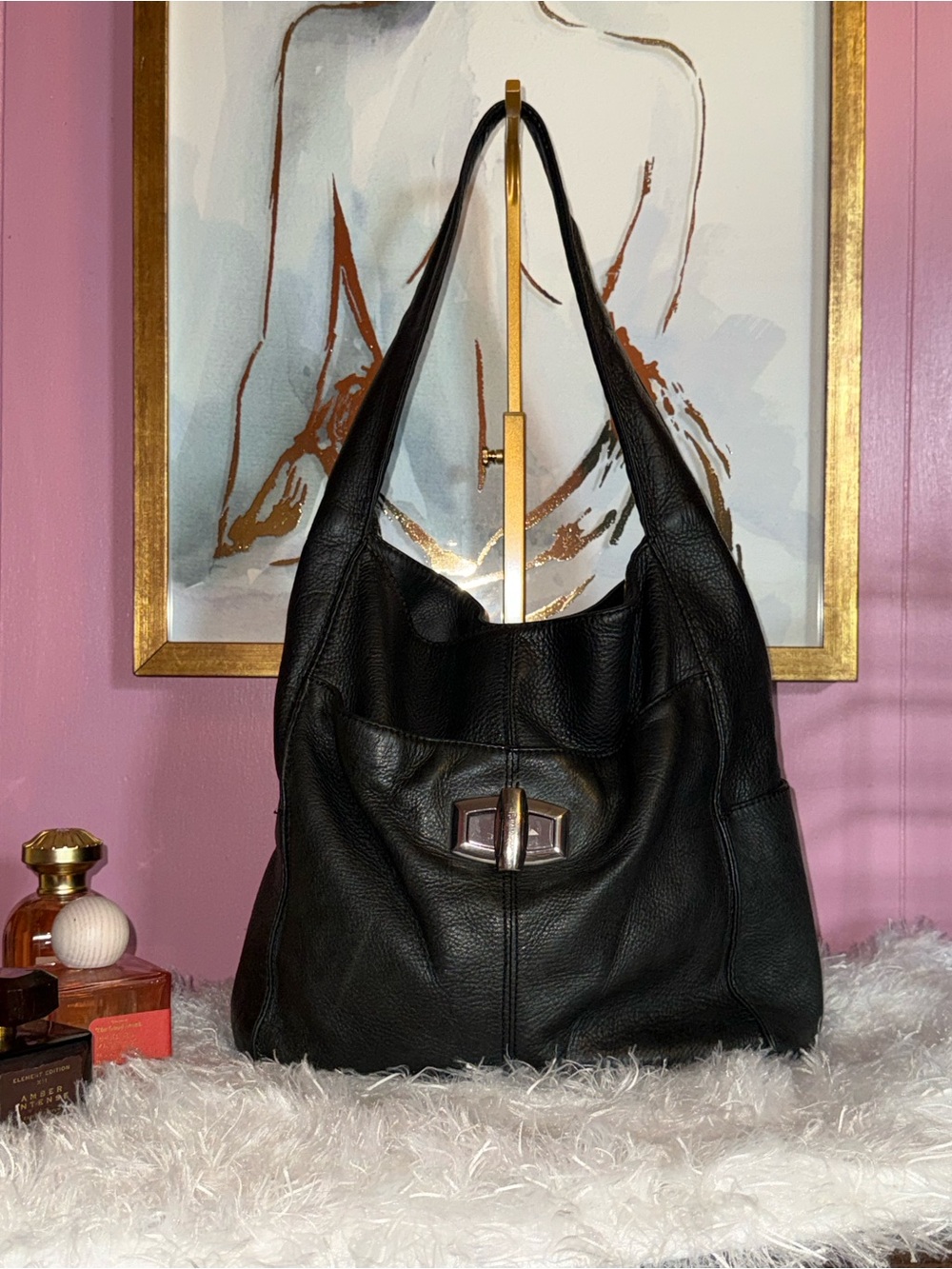 b. makowsky Black Pebbled Leather Hobo with Turn-Lock